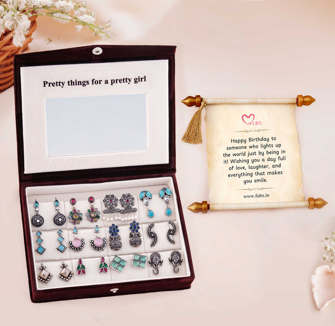 Blushing Mirror Box - 12 Oxidised Multicolor Earrings Set with Sandesh Patra