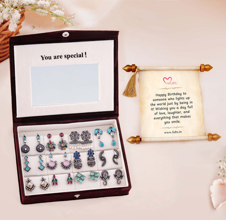 Blushing Mirror Box - 12 Oxidised Multicolor Earrings Set with Sandesh Patra