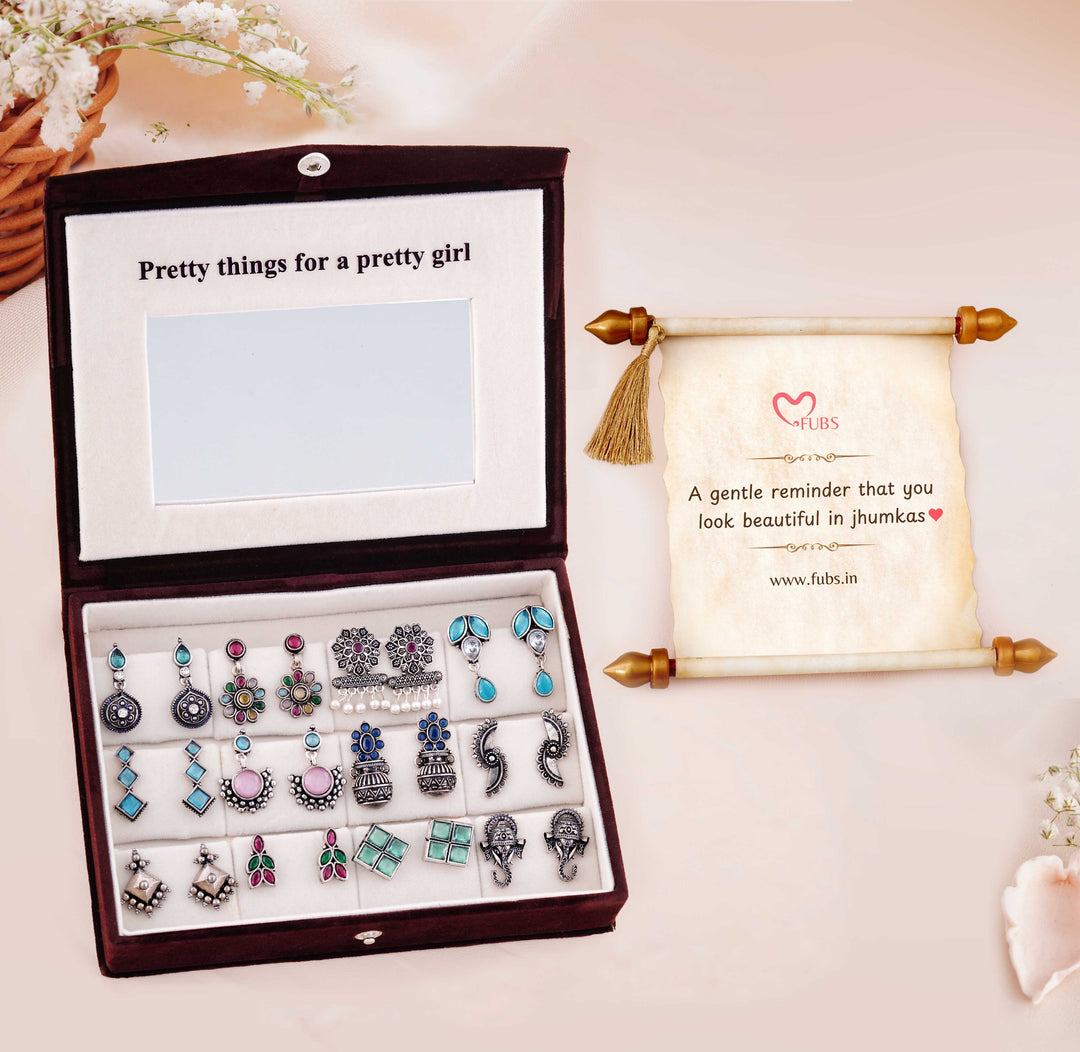 Blushing Mirror Box - 12 Oxidised Multicolor Earrings Set with Sandesh Patra