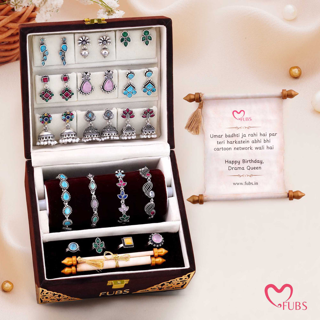 Gehno Ki Peti - Royal Velvet Jewelry Box of 9 Earrings, 4 Bracelets, 4 Rings and a Sandesh Patra