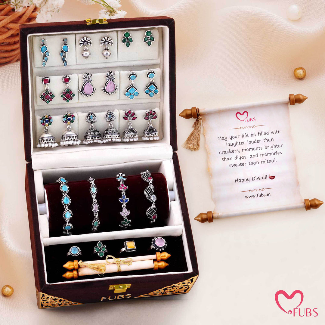 Gehno Ki Peti - Royal Velvet Jewelry Box of 9 Earrings, 4 Bracelets, 4 Rings and a Sandesh Patra