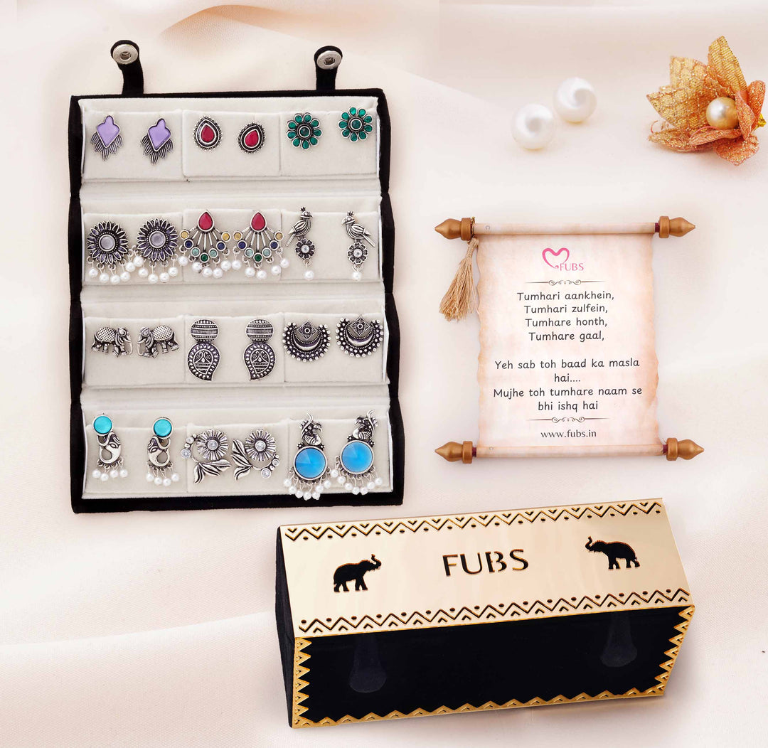 Set Of 12 Designer Earrings With Royal Jaipuri Folding Box