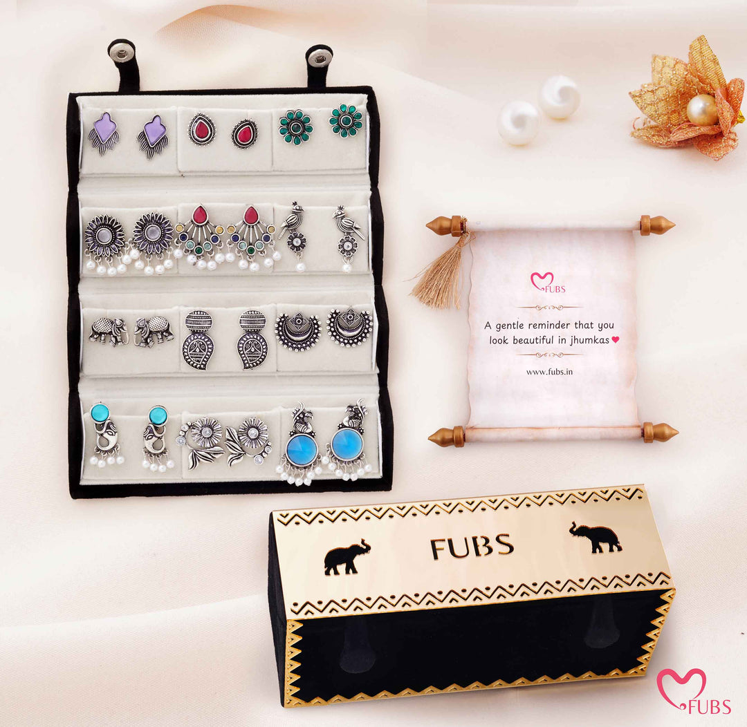 Set Of 12 Designer Earrings With Royal Jaipuri Folding Box