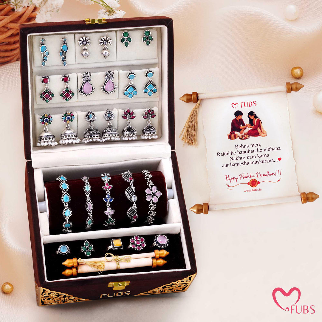 Gehno Ki Peti - Royal Velvet Jewelry Box of 9 Earrings, 5 bracelets, 5 Rings and a Sandesh Patra