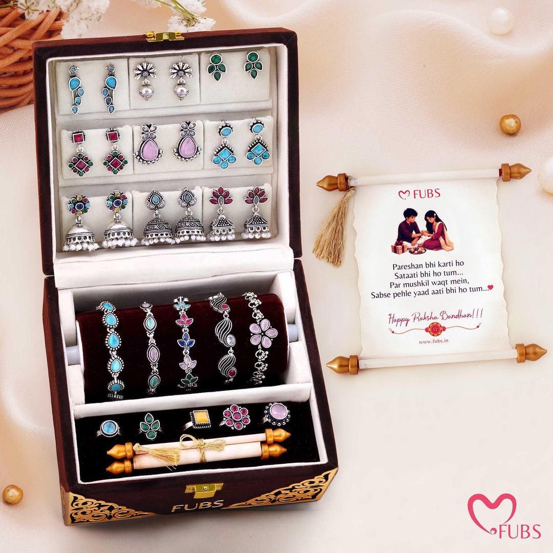 Gehno Ki Peti - Royal Velvet Jewelry Box of 9 Earrings, 5 bracelets, 5 Rings and a Sandesh Patra
