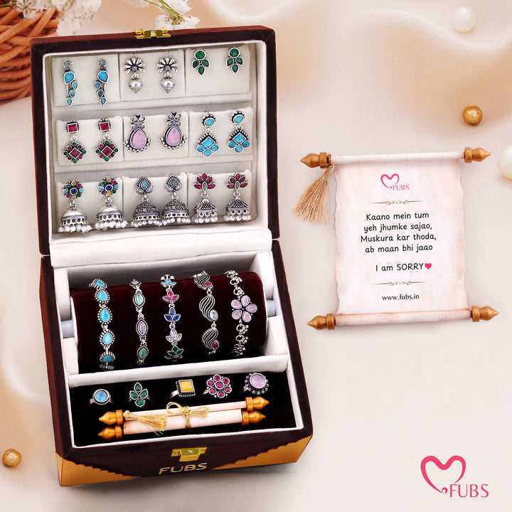 Gehno Ki Peti - Royal Velvet Jewelry Box of 9 Earrings, 5 bracelets, 5 Rings and a Sandesh Patra