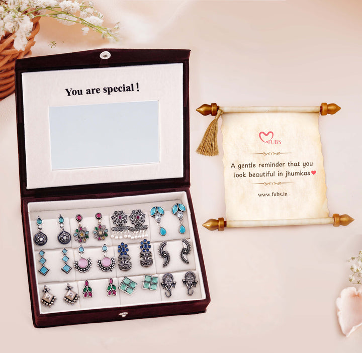 Blushing Mirror Box - 12 Oxidised Multicolor Earrings Set with Sandesh Patra