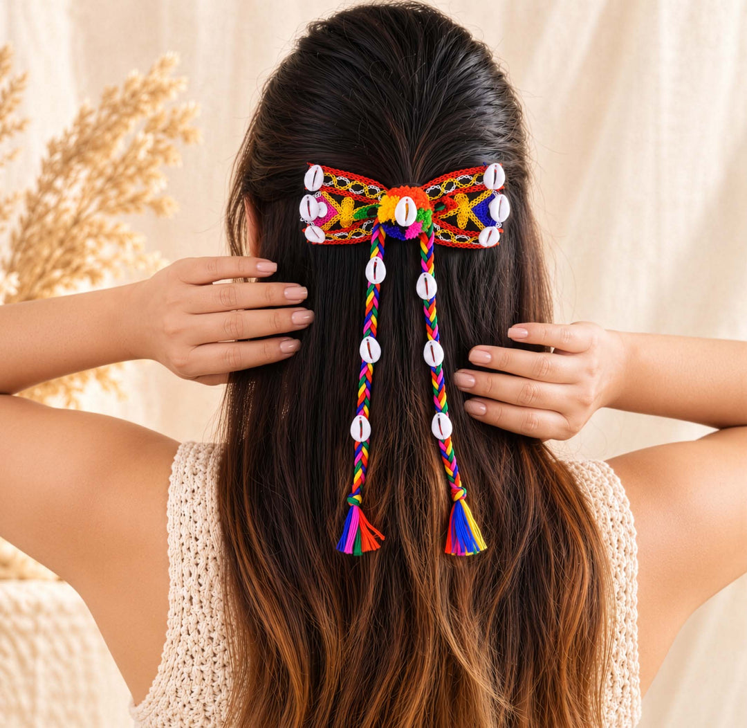 Gypsy Embroidered Cowrie Bow Tassel Hair Clip
