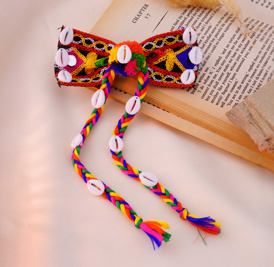 Gypsy Embroidered Cowrie Bow Tassel Hair Clip
