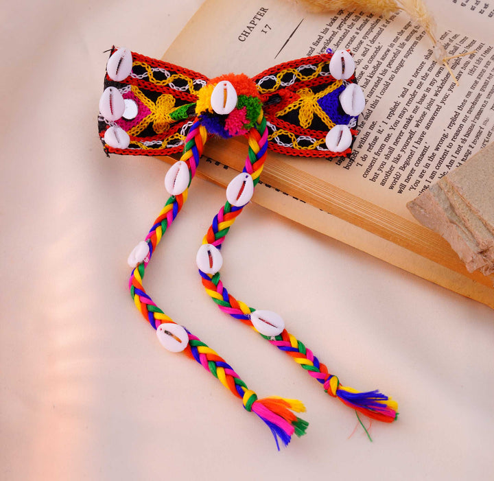 Gypsy Embroidered Cowrie Bow Tassel Hair Clip