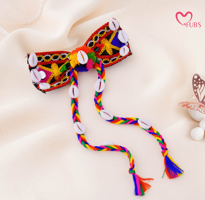 Gypsy Embroidered Cowrie Bow Tassel Hair Clip