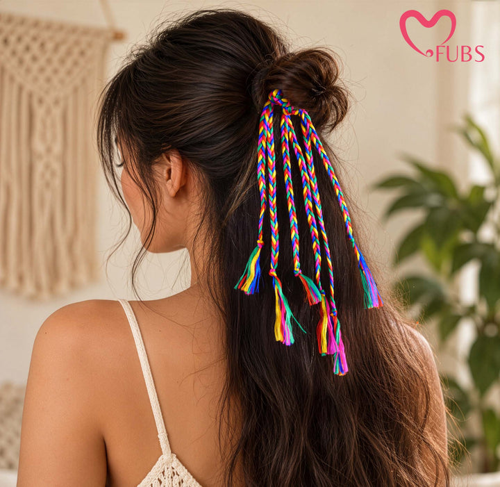 Boho Rainbow Braided Tassel Elastic Hair Band