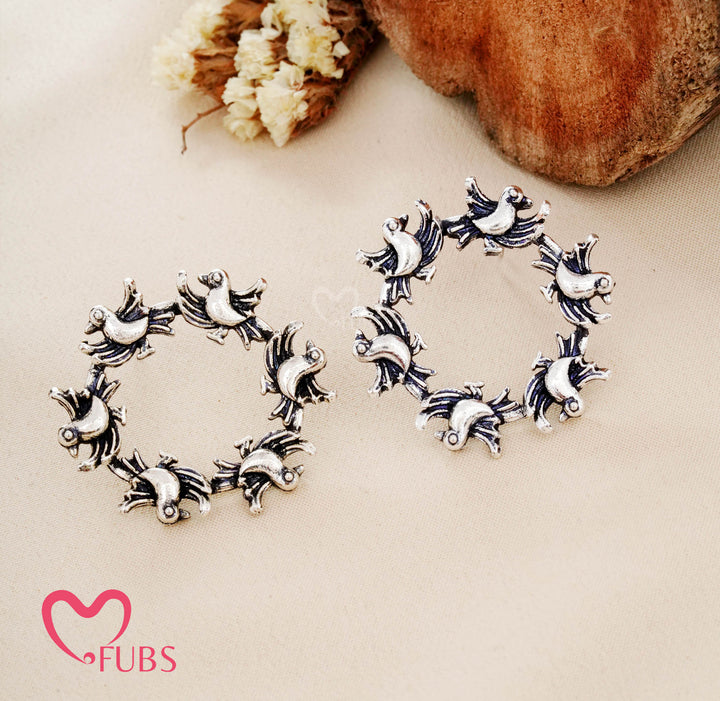 Oxidised Bird Motif Hoop Earrings Circular Studs