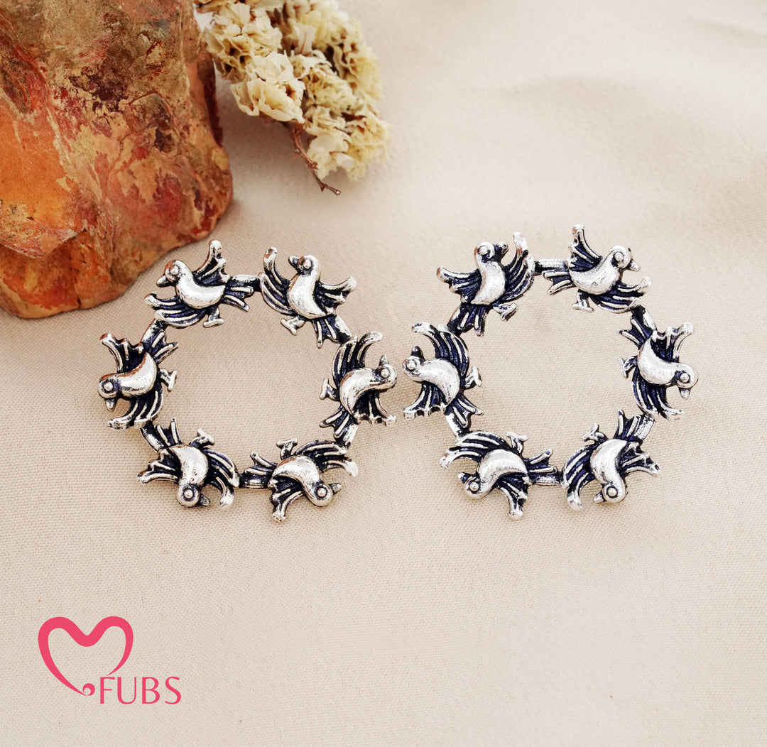 Oxidised Bird Motif Hoop Earrings Circular Studs