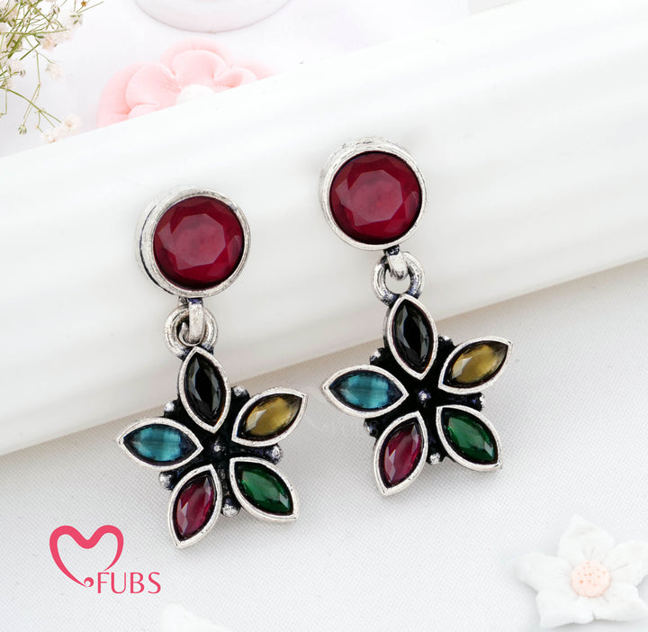 Floral Drop Earrings in Antique Silver Finish