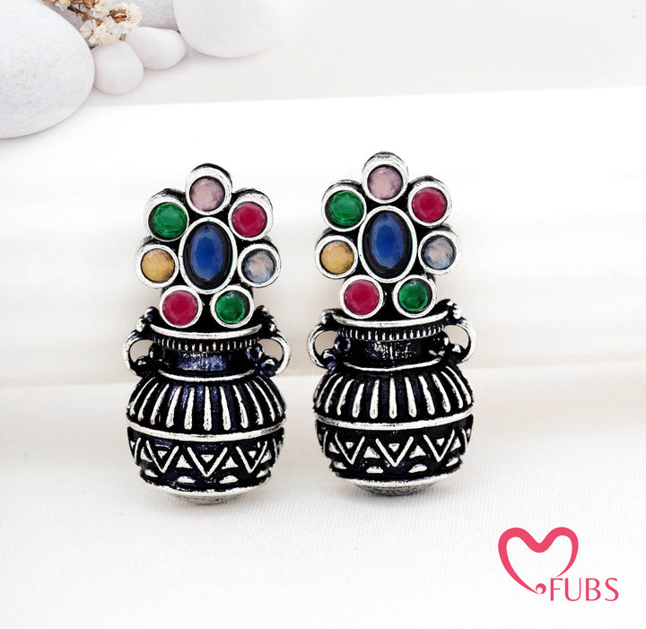 Traditional Pot Motif Earrings with Gemstone Accents