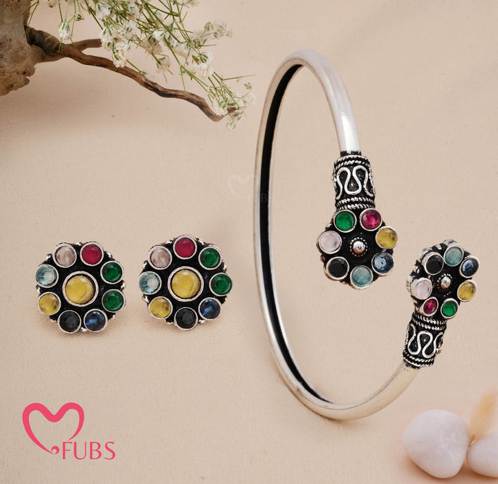 Floral Oxidised Bracelet & Earrings Combo Set