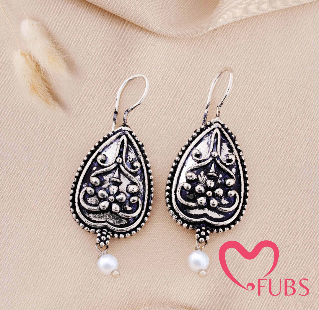 Teardrop Earrings with Floral Engraving & Pearl Drop