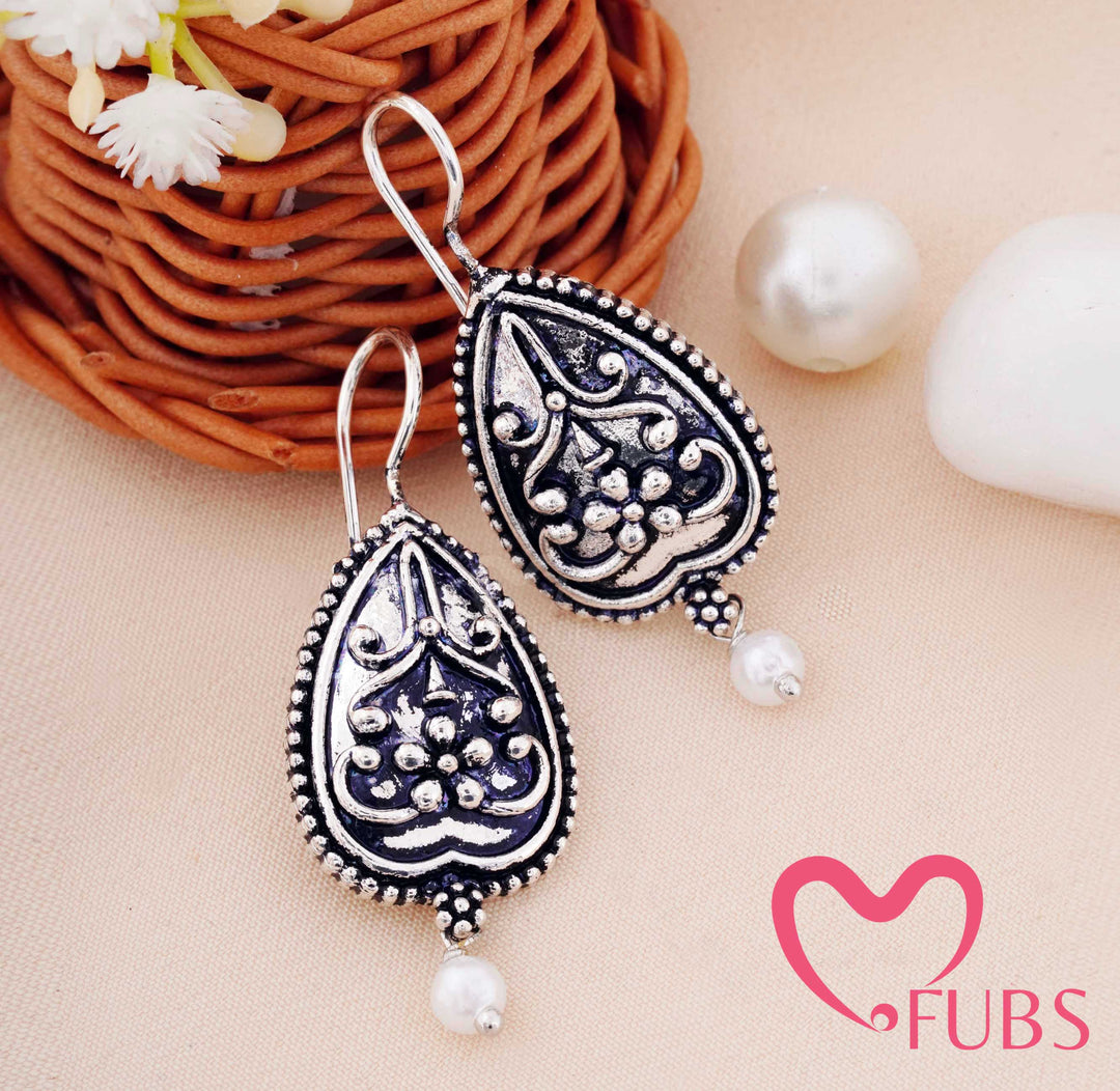 Teardrop Earrings with Floral Engraving & Pearl Drop