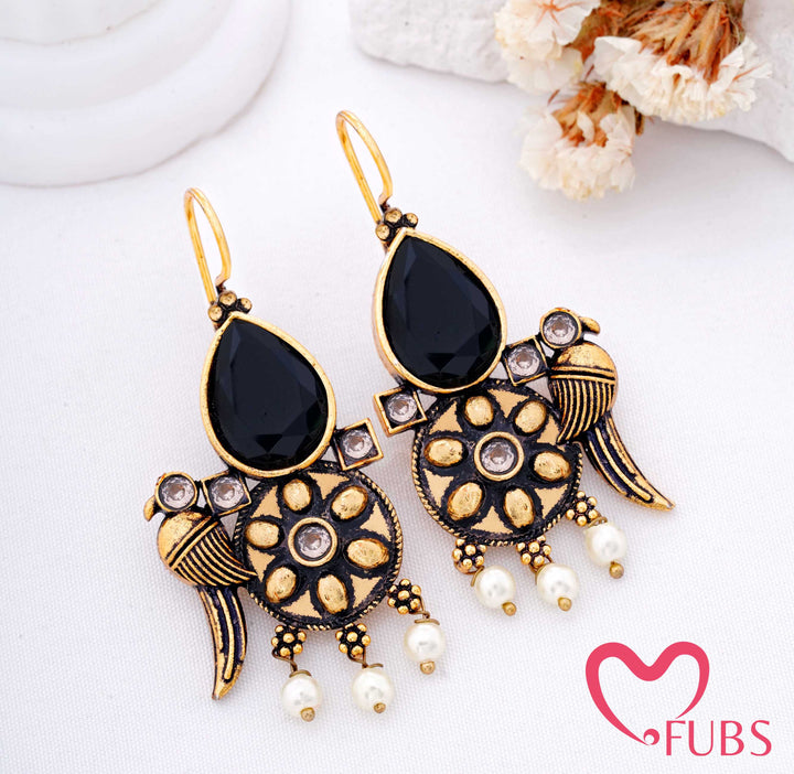 Teardrop Stone Earrings with Crescent Motif