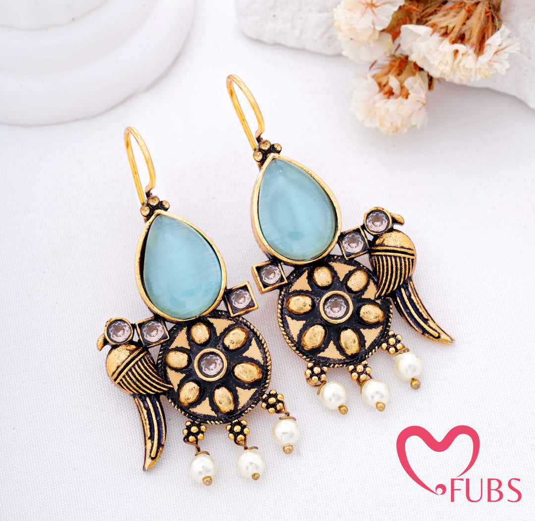 Teardrop Stone Earrings with Crescent Motif