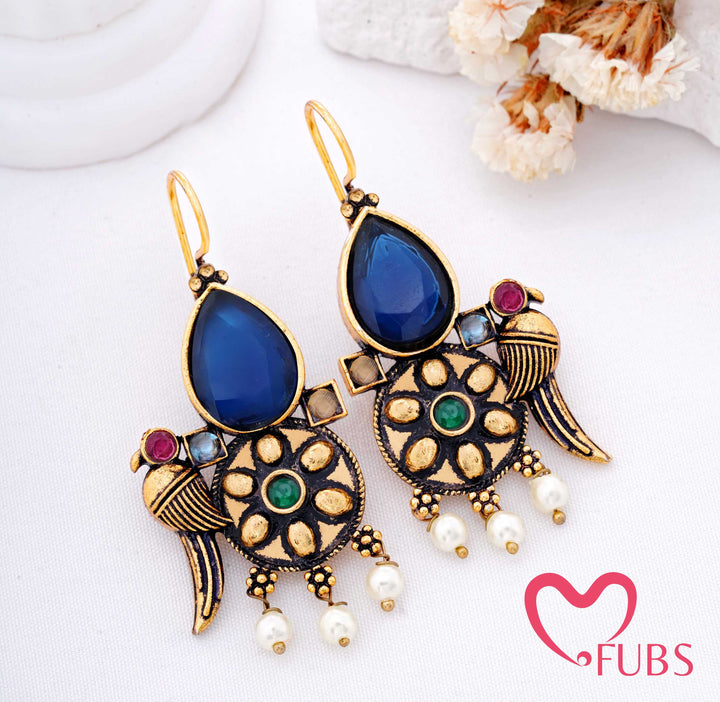 Teardrop Stone Earrings with Crescent Motif