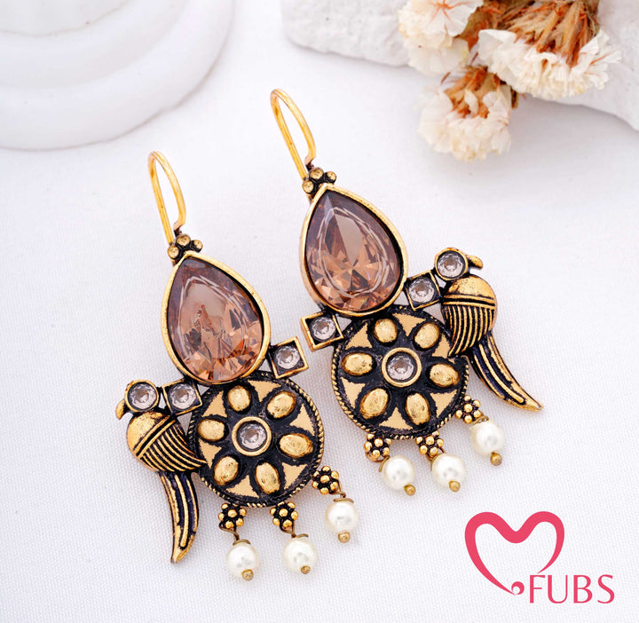 Teardrop Stone Earrings with Crescent Motif