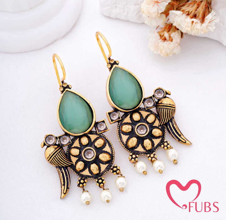 Teardrop Stone Earrings with Crescent Motif