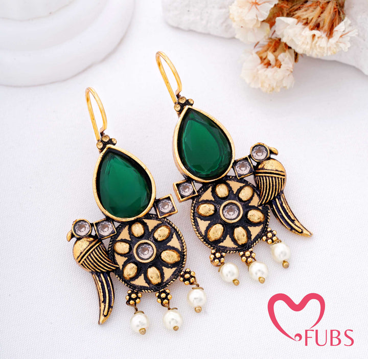 Teardrop Stone Earrings with Crescent Motif