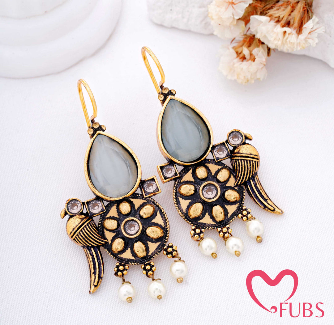 Teardrop Stone Earrings with Crescent Motif