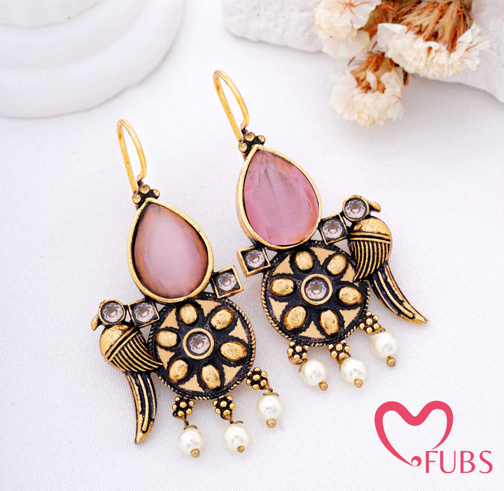 Teardrop Stone Earrings with Crescent Motif