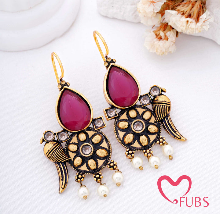 Teardrop Stone Earrings with Crescent Motif