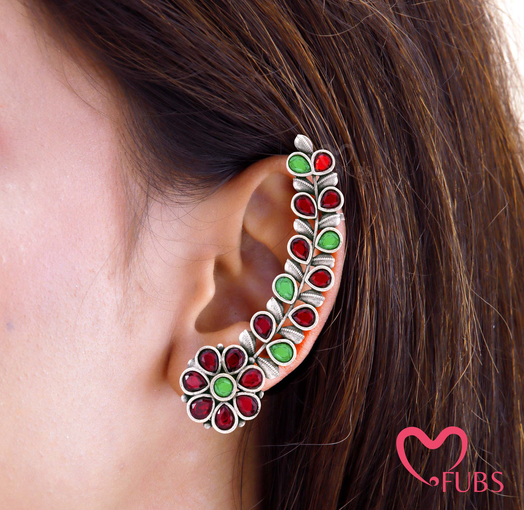 Traditional Oxidised Full Ear Cuff with Polished Stone Work