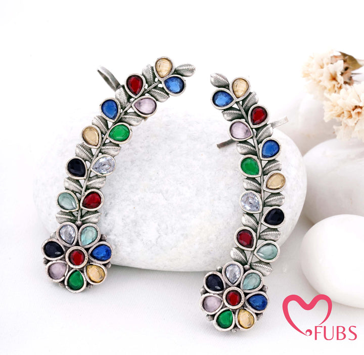 Traditional Oxidised Full Ear Cuff with Polished Stone Work