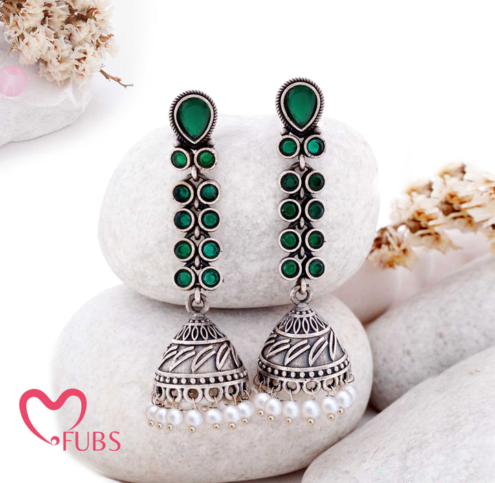 Traditional Oxidised Long Drop Jhumka Earrings with Polished Gems