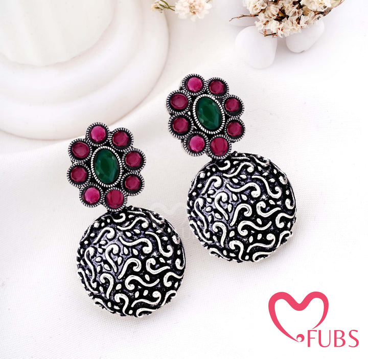 Aesthetic Oxidised Statement Drop Earrings with Filigree Work