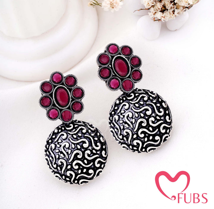 Aesthetic Oxidised Statement Drop Earrings with Filigree Work