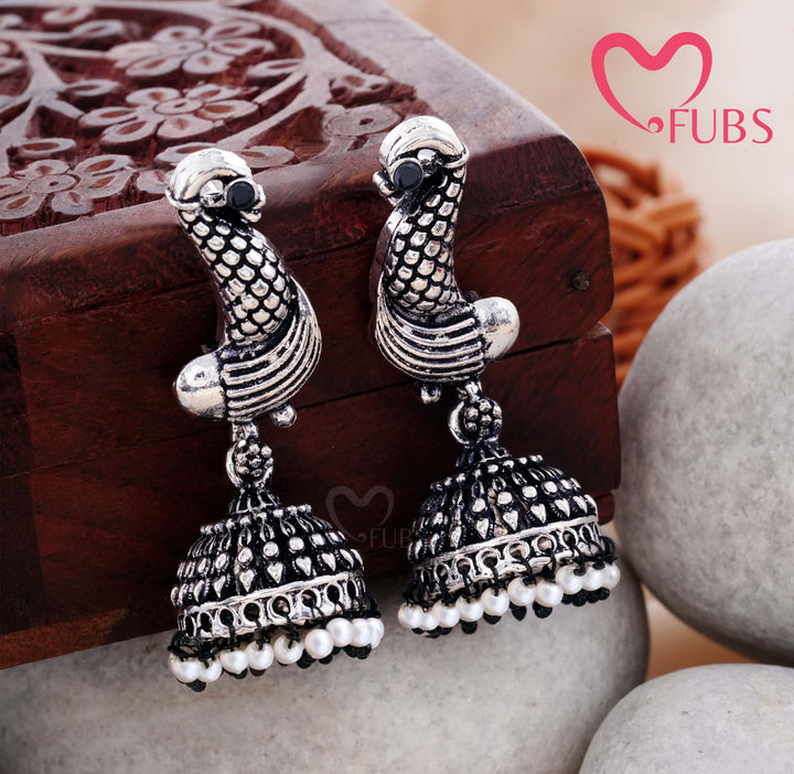 Traditional Oxidised Peacock Jhumka Earrings with Pearl Drops