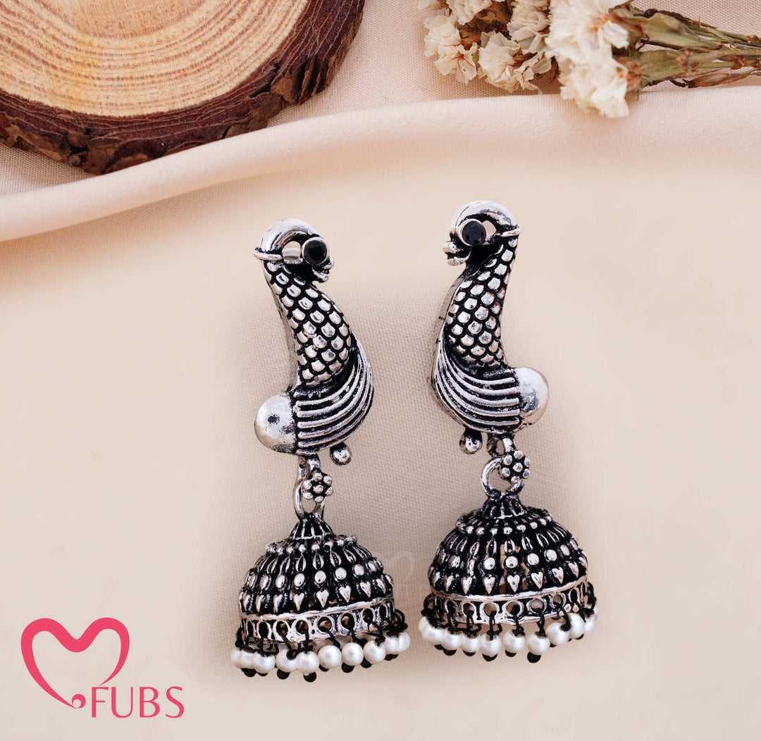 Traditional Oxidised Peacock Jhumka Earrings with Pearl Drops