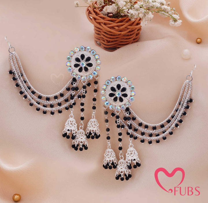 he Kaira Fusion — Iridescent Floral Studs with Obsidian-Beaded Sahara Chains