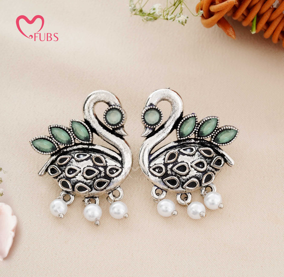 Traditional Oxidised Swan Motif Stud Earrings