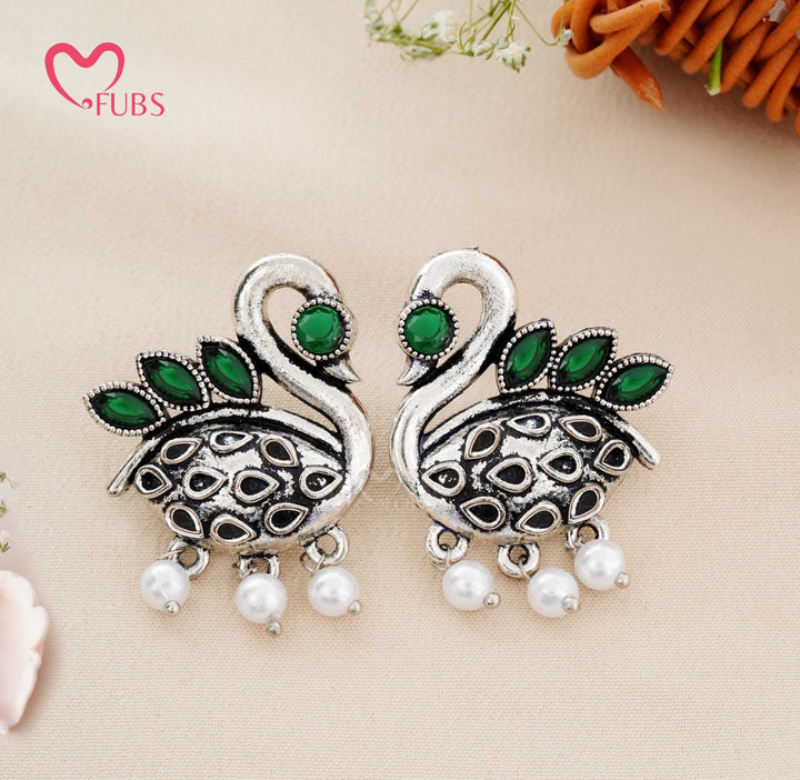 Traditional Oxidised Swan Motif Stud Earrings