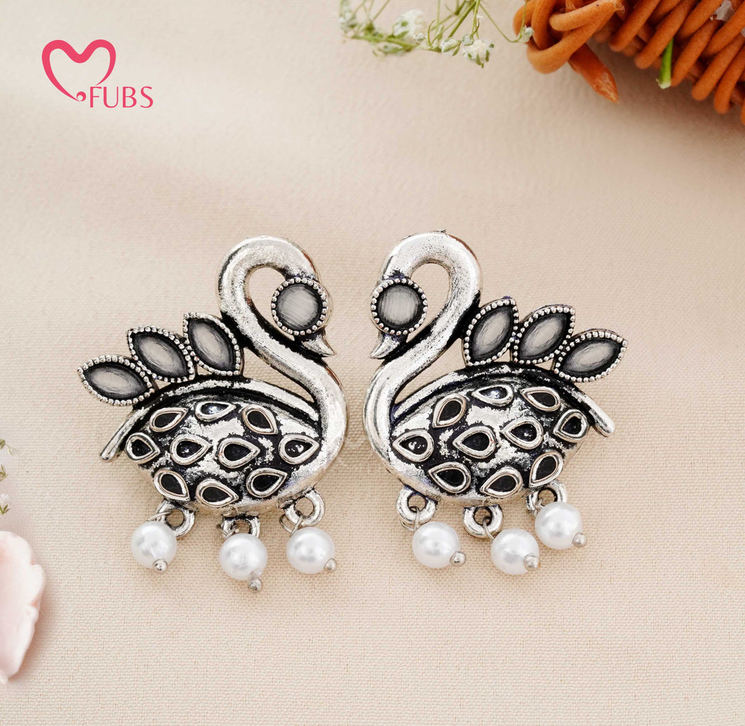 Traditional Oxidised Swan Motif Stud Earrings