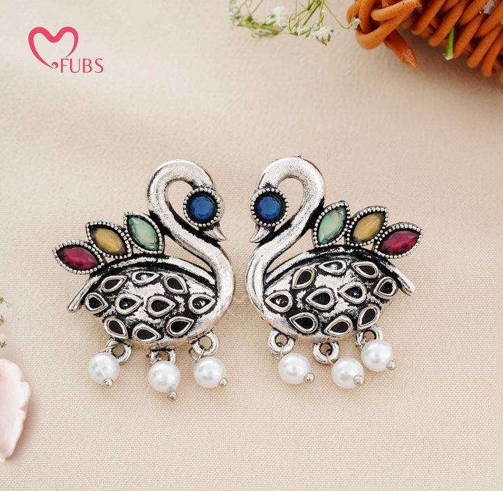 Traditional Oxidised Swan Motif Stud Earrings