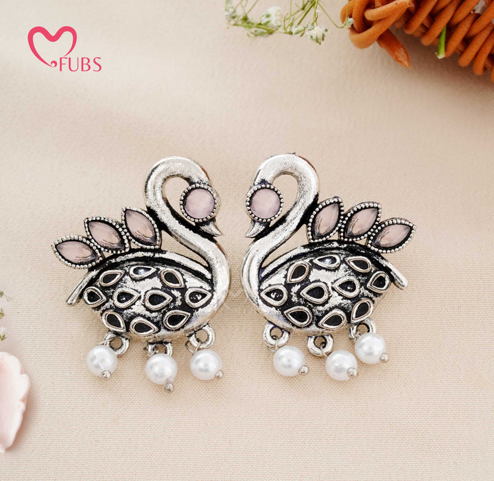 Traditional Oxidised Swan Motif Stud Earrings