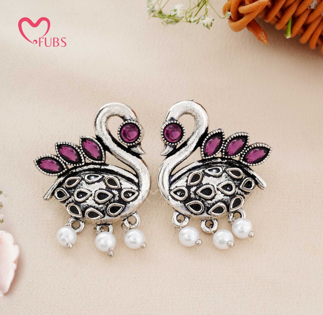 Traditional Oxidised Swan Motif Stud Earrings