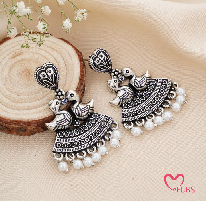 Oxidised Bird Drop Earrings with Filigree & Pearls