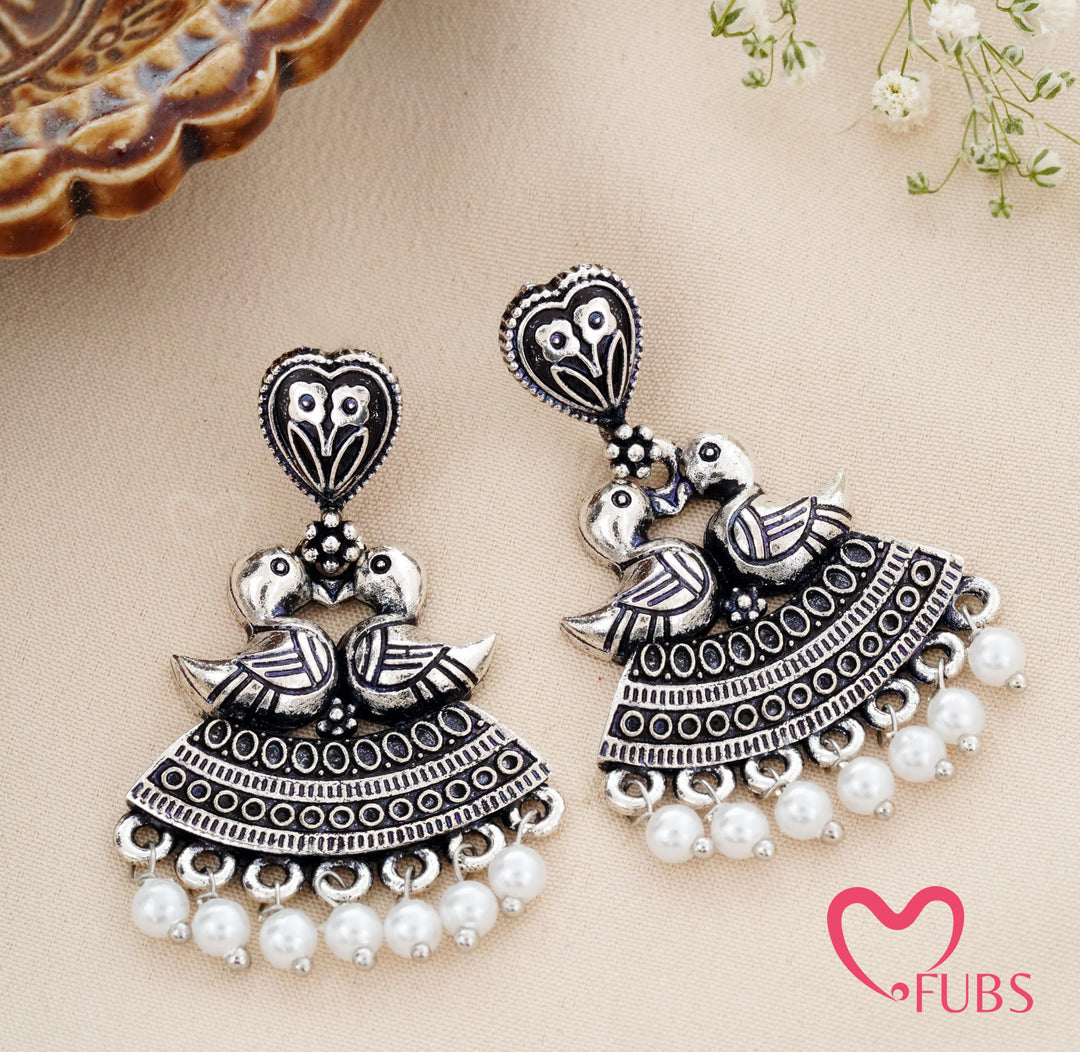 Oxidised Bird Drop Earrings with Filigree & Pearls