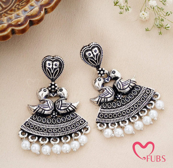 Oxidised Bird Drop Earrings with Filigree & Pearls