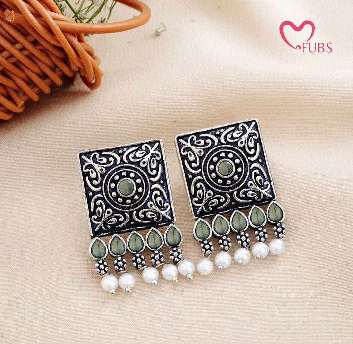 Aesthetic Oxidised Square Stud Earrings with Filigree